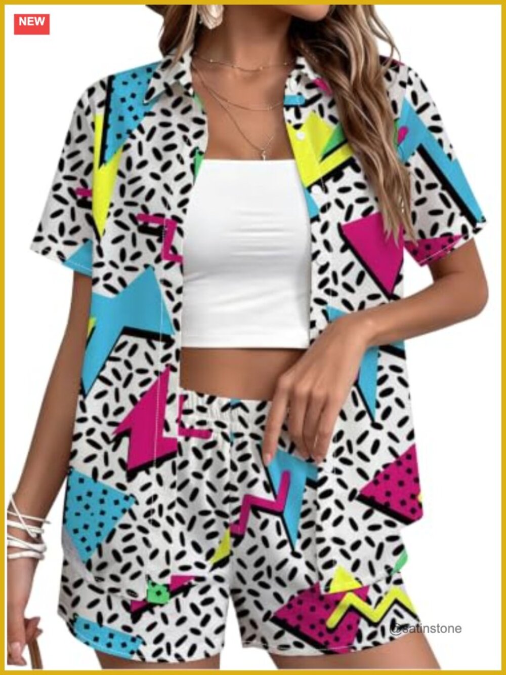 Aluvee 80s 90s Retro 2 Piece Outfit Set Women Short Sleeve Button Down Shirt